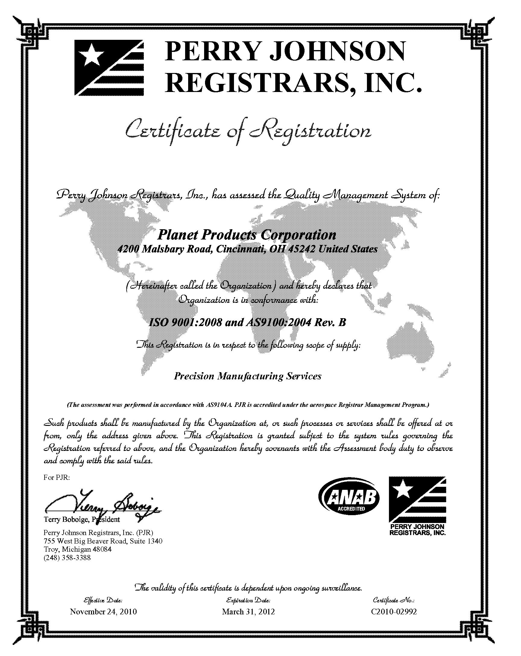 ISO 9001:2000 Certificate - Planet Products Corporation